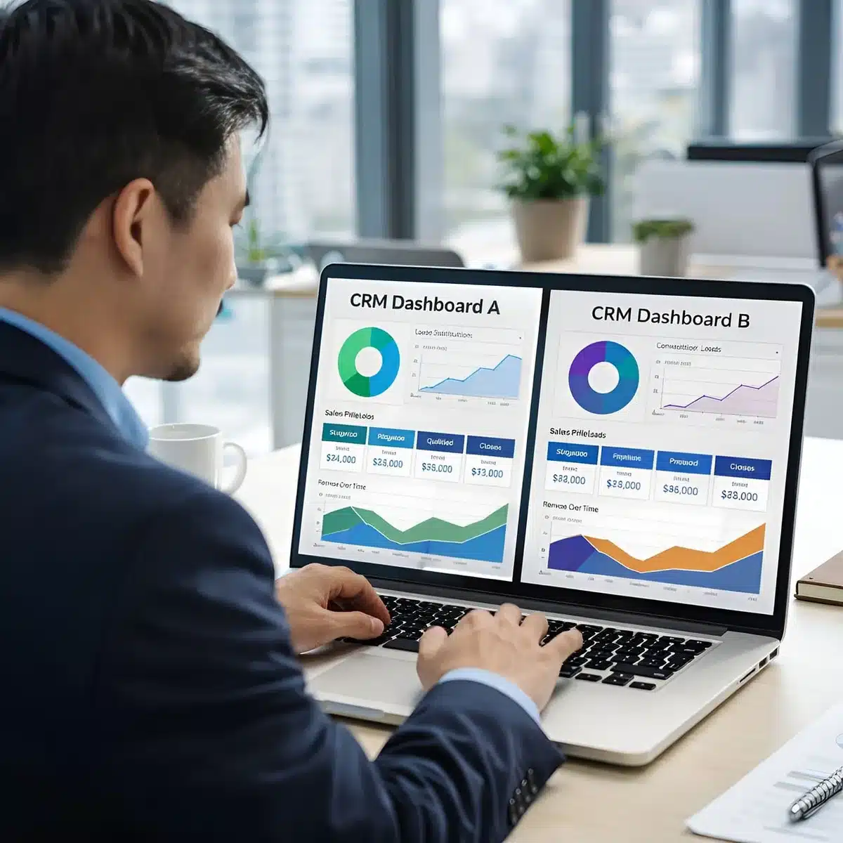 bright desk with a laptop open to a generic analytics dashboard, hands holding a pen, printed notes and a phone nearby