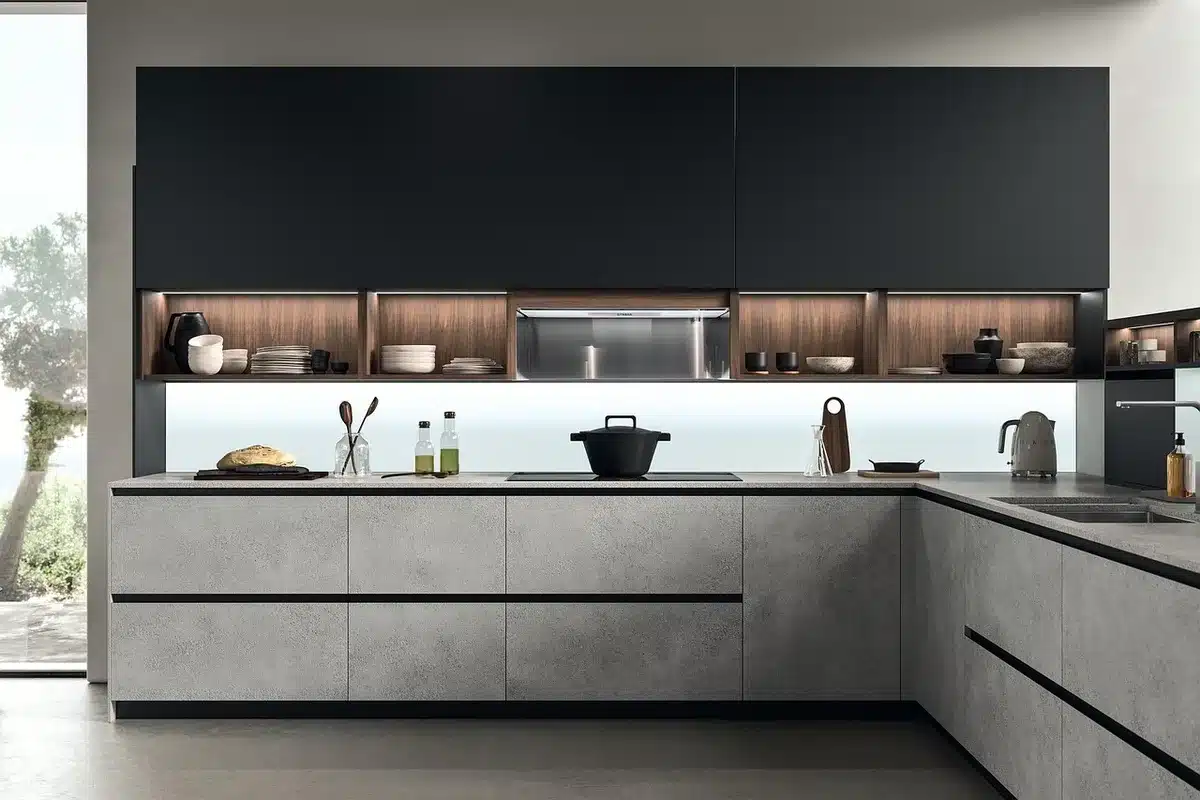 A clean kitchen interior of a small delivery-only restaurant, boxes and equipment visible, no branding or people